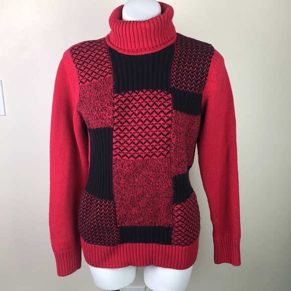 Liz Claiborne Patchwork Turtleneck Sweater Red Black - Picture 1 of 8